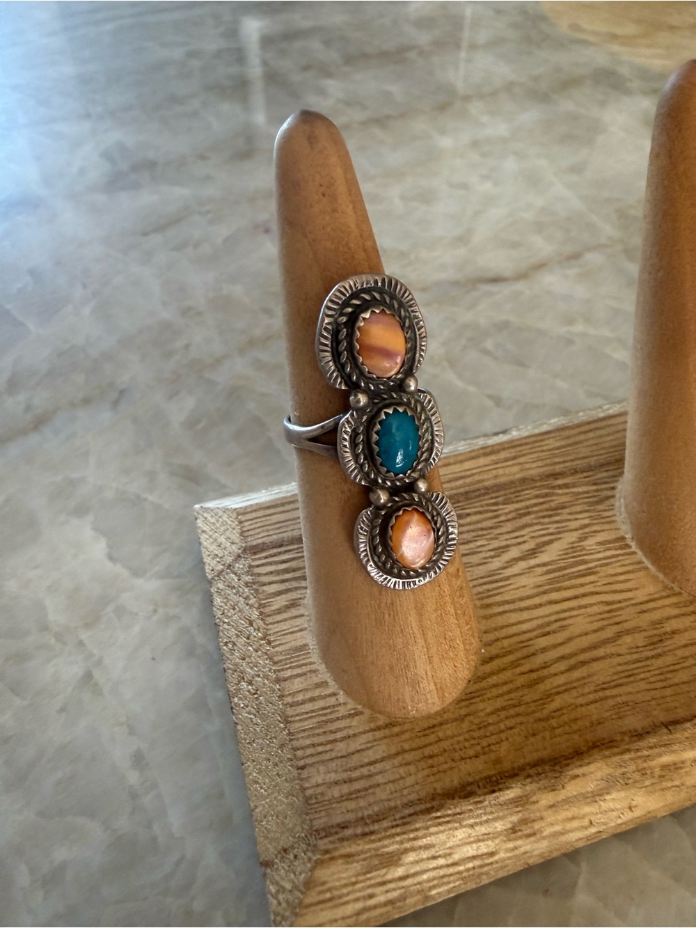 Sterling Silver Three-Stone Turquoise & Coral Ring - Blue and Peach
